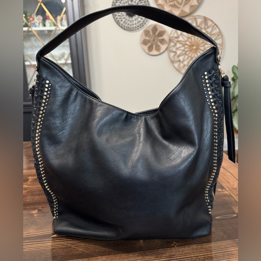 Moda‎ Luxe Large Black Studded Vegan Leather Hobo Bag with Whipstitch Trim